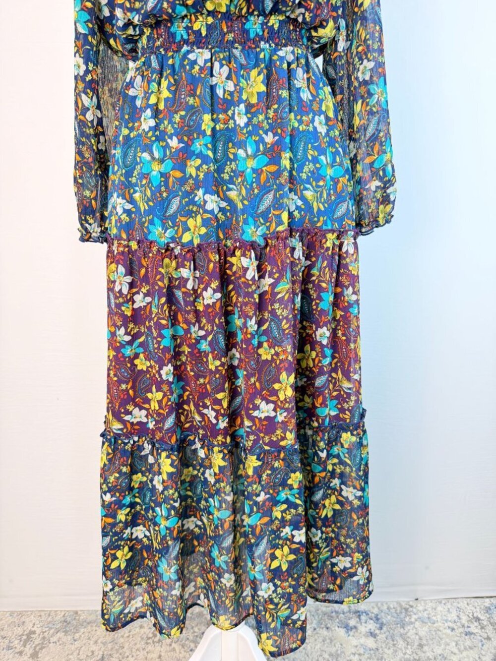 Fig And Flower Womens M Blue Floral Paisley Maxi Dress Boho Long Sleeve - Picture 14 of 16